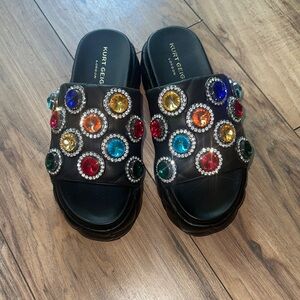 Kurt Geiger Black Slide Mules with Multicolor Jeweled Embellishments